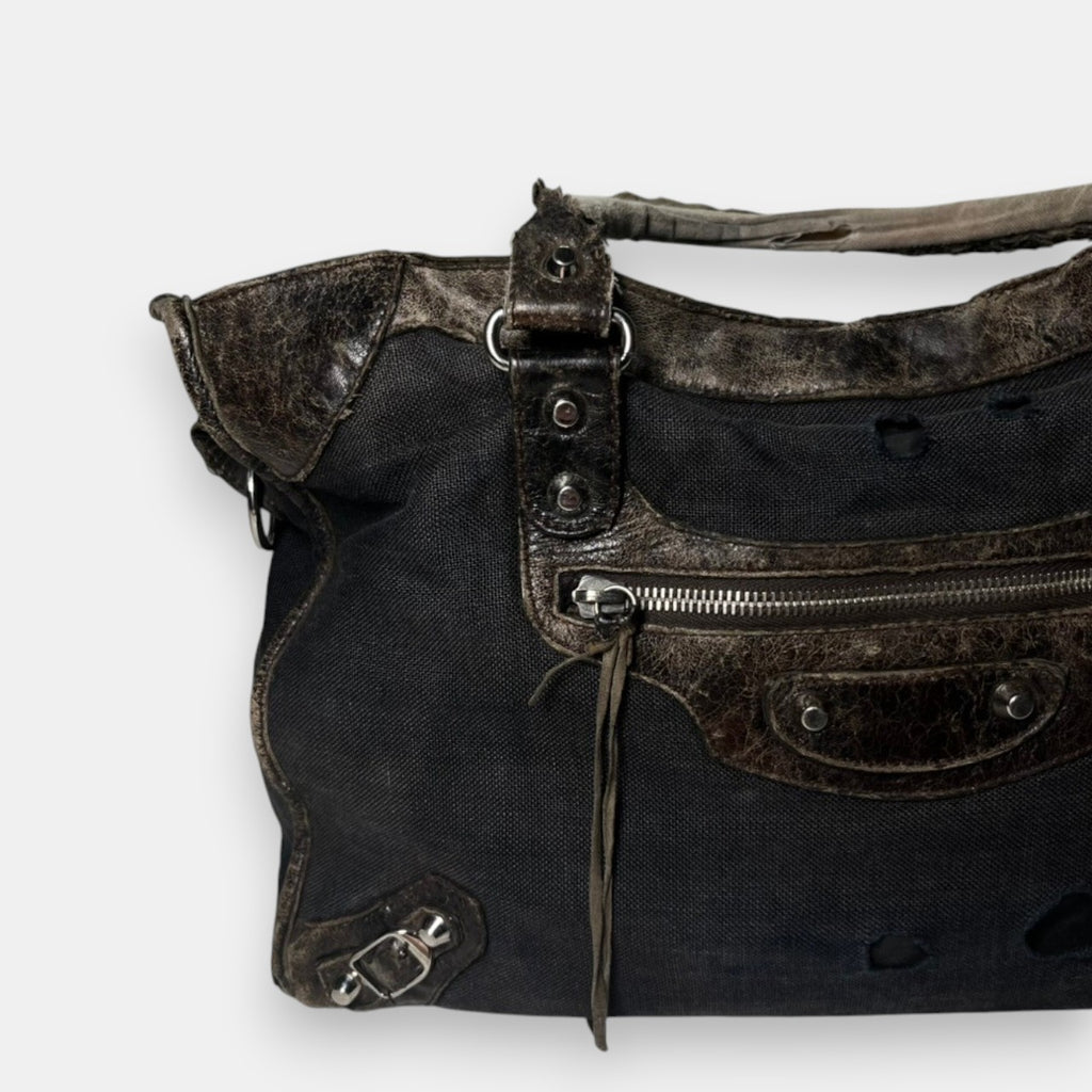 Balenciaga Distressed Canvas & Leather City Bag Rare
