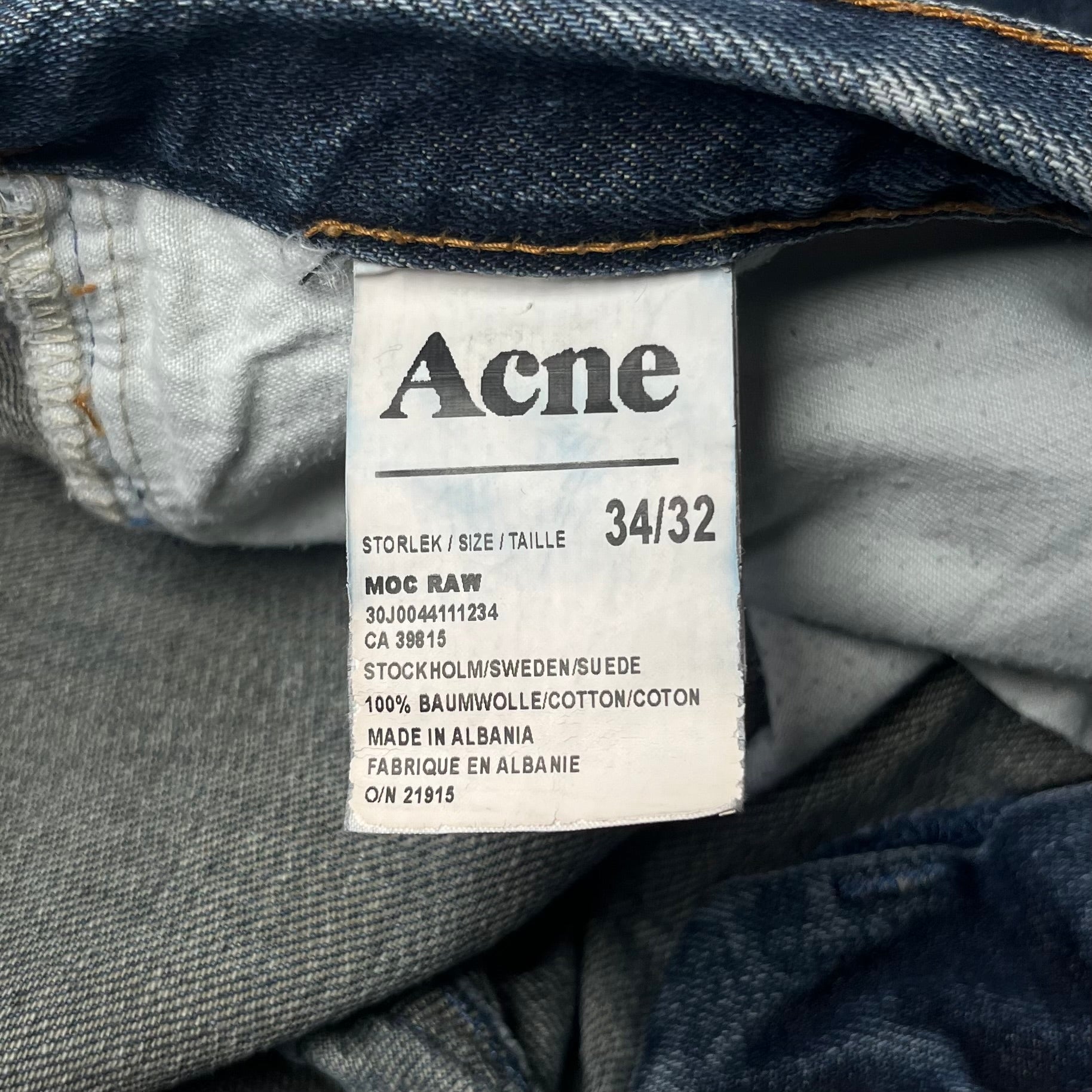 Acne “Moc Raw” Straight Leg Raw Denim Jeans (34/32)
