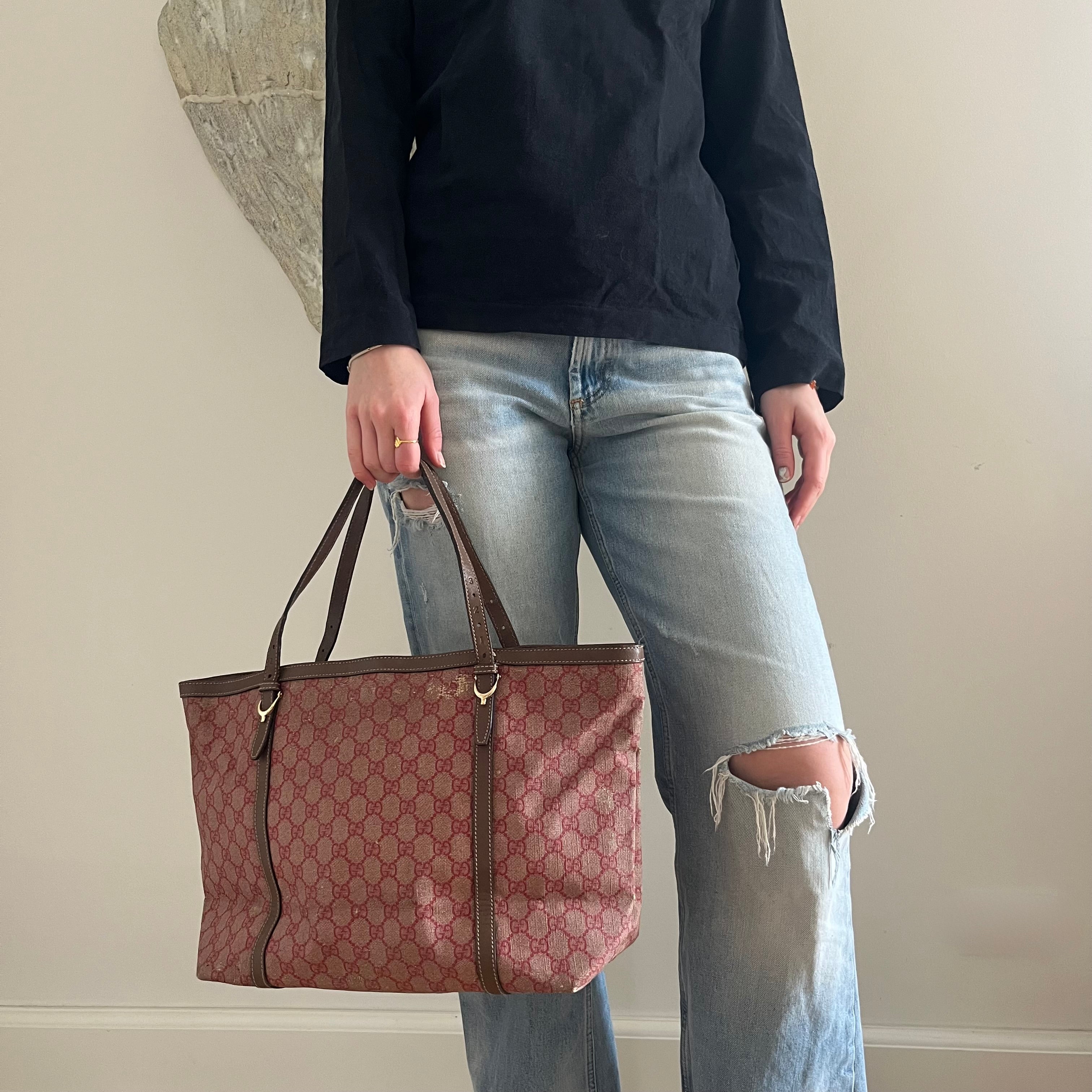 Gucci Red and Tan GG Coated Canvas Shoulder Bag Tote