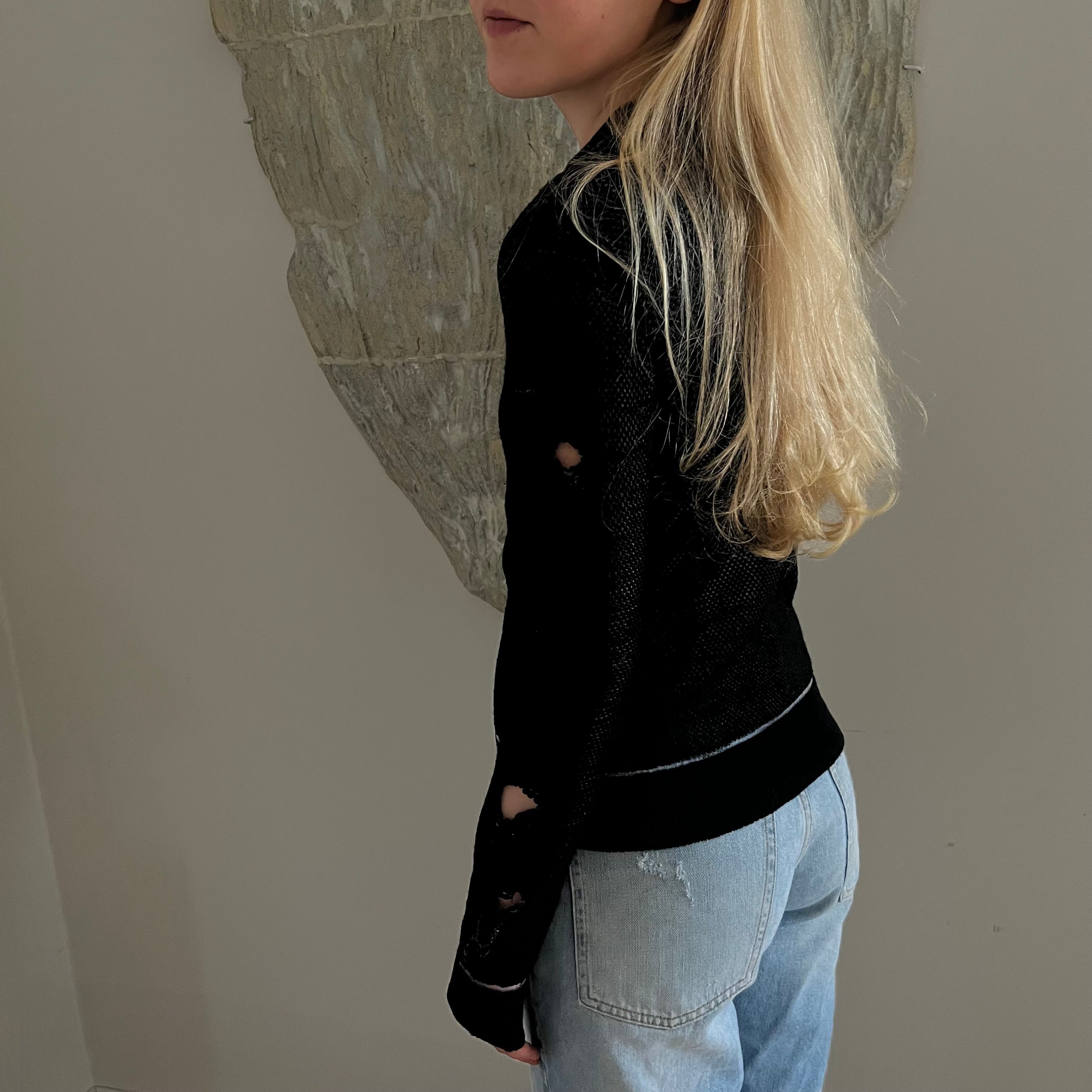 Maison Martin Margiela Black Distressed Silver Thread Knit Sweater 2012