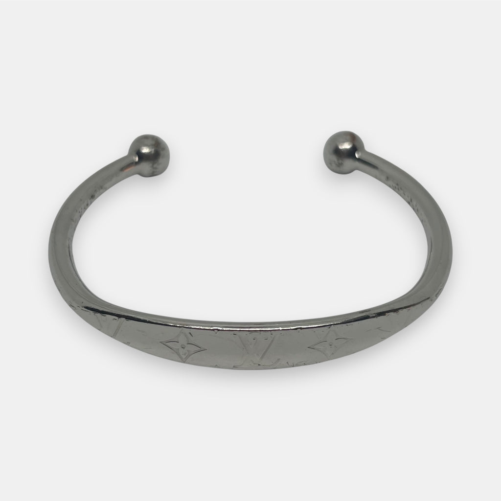 Louis Vuitton Silver Monogram Jonc Bracelet w. Dust Bag & Box