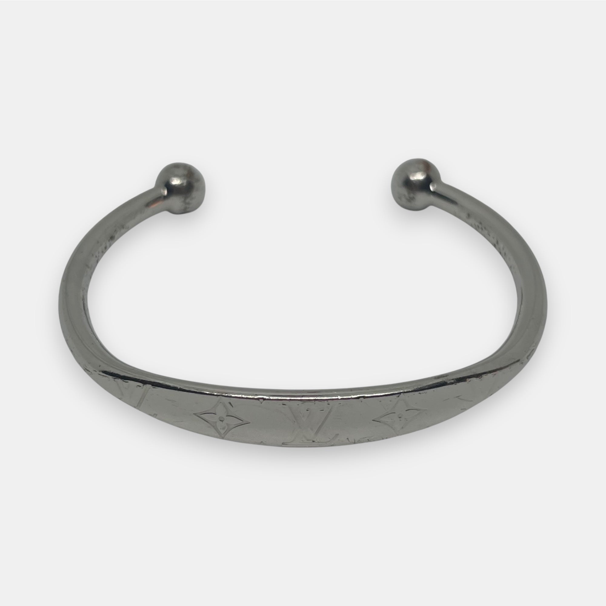 Louis Vuitton Silver Monogram Jonc Bracelet w. Dust Bag & Box